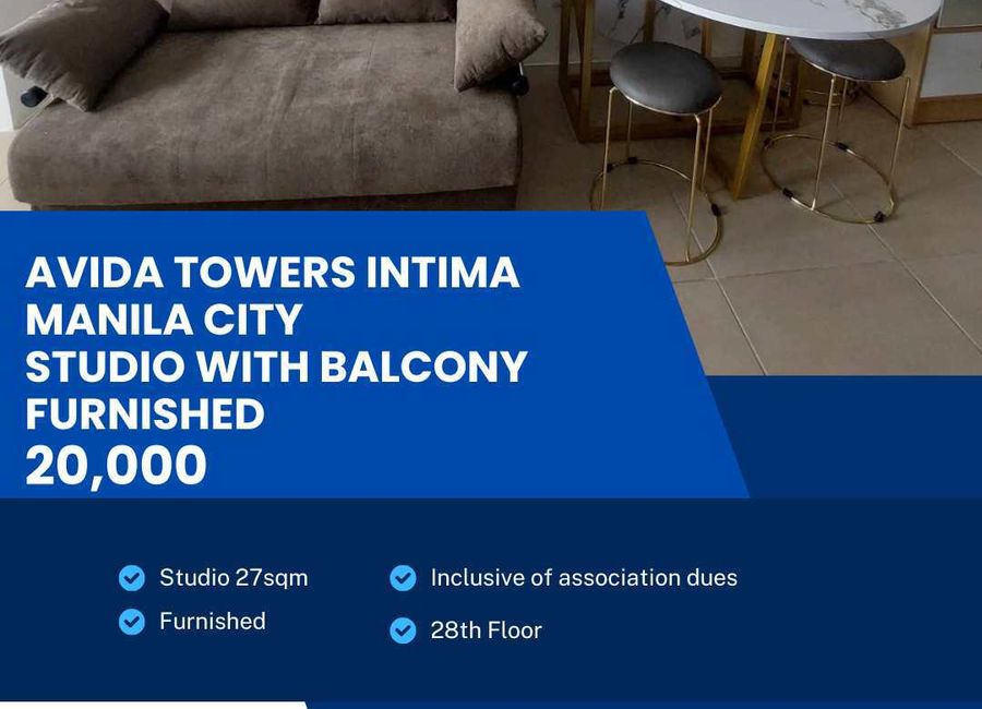 Avida Towers Intima Studio with Balcony Furnished Condo in Manila For Rent