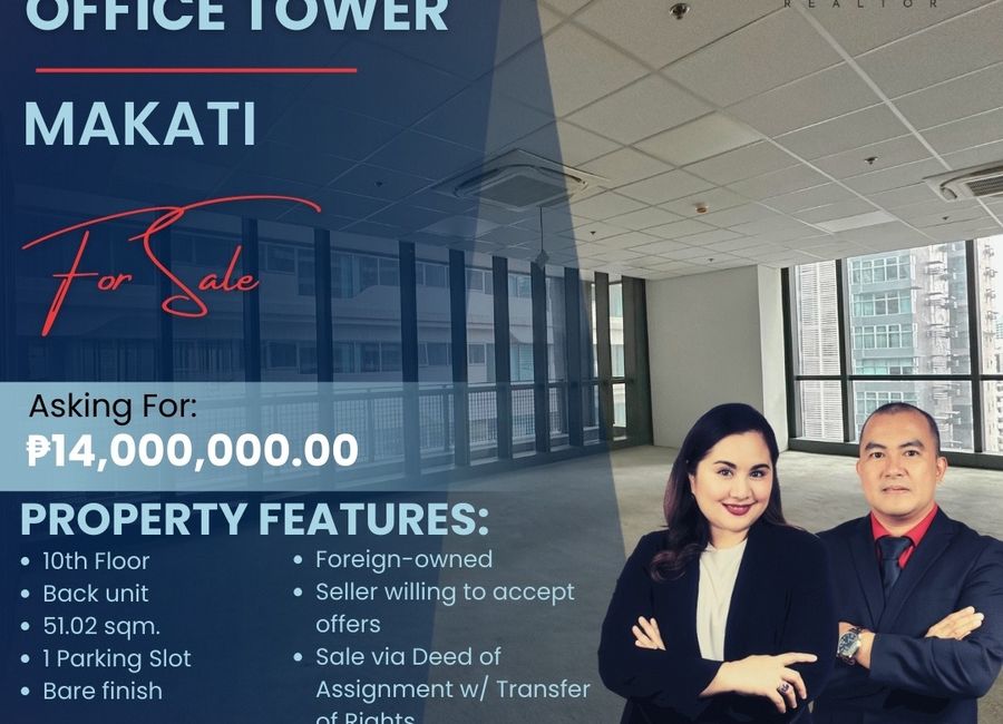 Brand New 51 sqm. Office Space on the 10th Floor with Parking Slot For Sale at Century Spire Tower in Makati