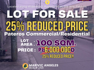 CONVINIENT LOCATION IN PATEROS, COMMERCIAL/RESIDENTIAL LOT FOR SALE