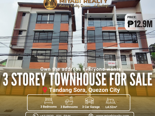 Brand New 12.9M  3 Storey Townhouse with 2CG For Sale in Tandang Sora Quezon City - LSS