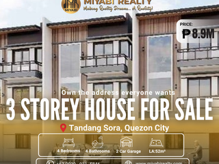 8.9M 3 Storey Single-Attached House & Lot in Tandang Sora Quezon City For Sale Near Congressional Ave - LSS