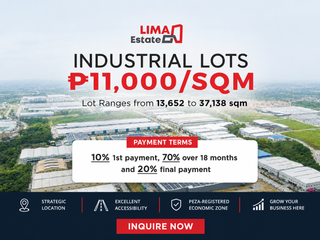 Lima Estate Batangas Industrial Lot for Sale Lipa-Malvar | ₱11K/SQM, 13,652 to 37,138 SQM