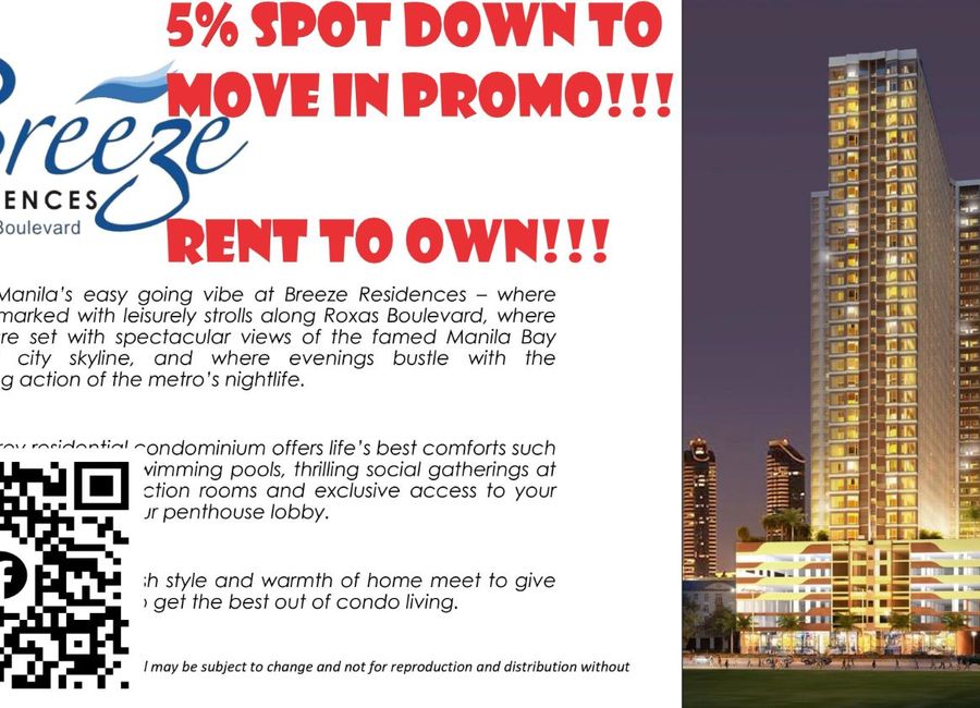 RENT TO OWN condo in roxas blvd 5% SPOT DOWN to move in SMDC BREEZE